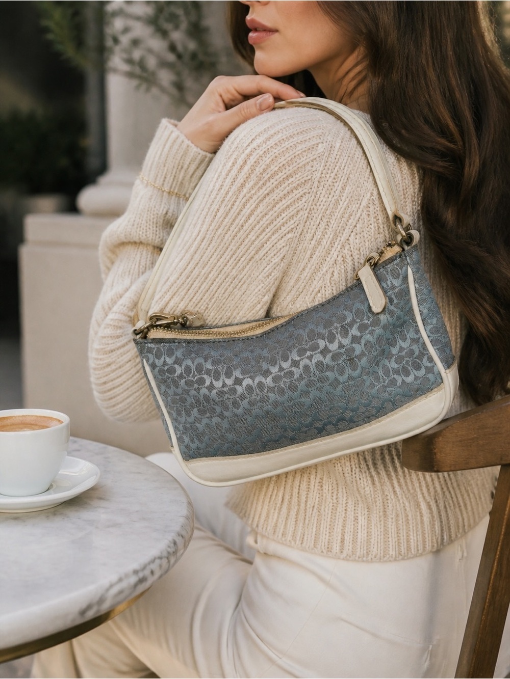 Coach Gray-Blue Signature Jacquard Shoulder Bag with White Trim